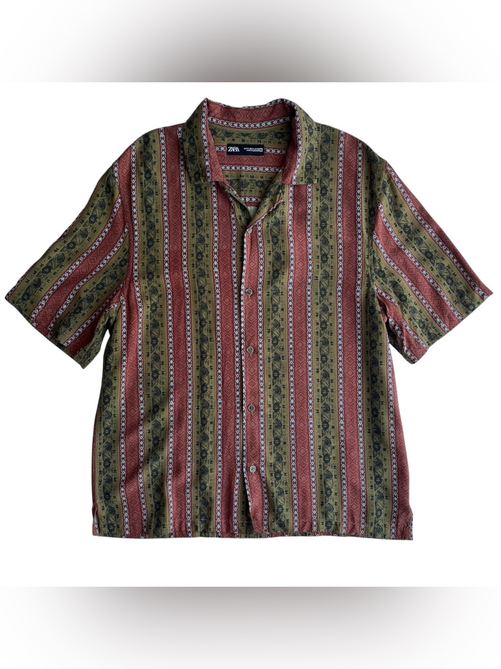 Zara Men’s Medium Earthy Boho Stripe Festival Button Down Shirt Short Sleeve